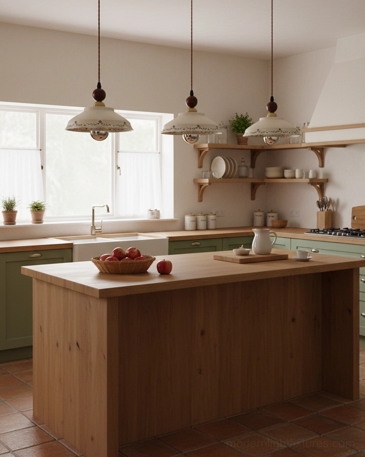 Set of Virella botanical ceramic pendant lights in farmhouse kitchen interior with wooden cabinetry and warm brass accents
