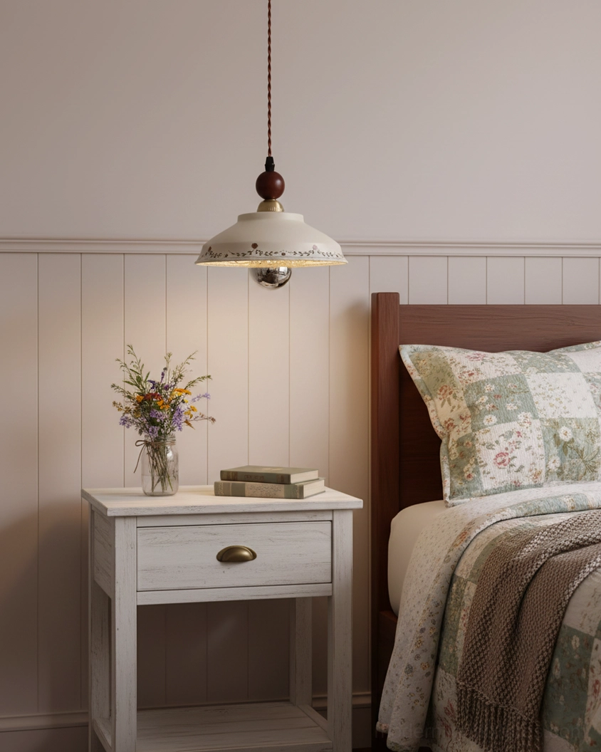 Virella ceramic pendant light in cozy farmhouse bedroom corner with rustic nightstand and warm ambient glow