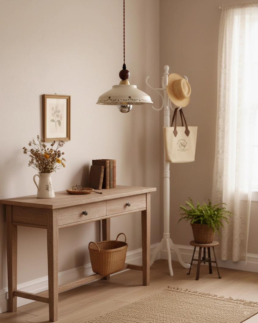 Virella ceramic pendant lamp in cozy farmhouse entryway corner with console table and warm neutral lighting