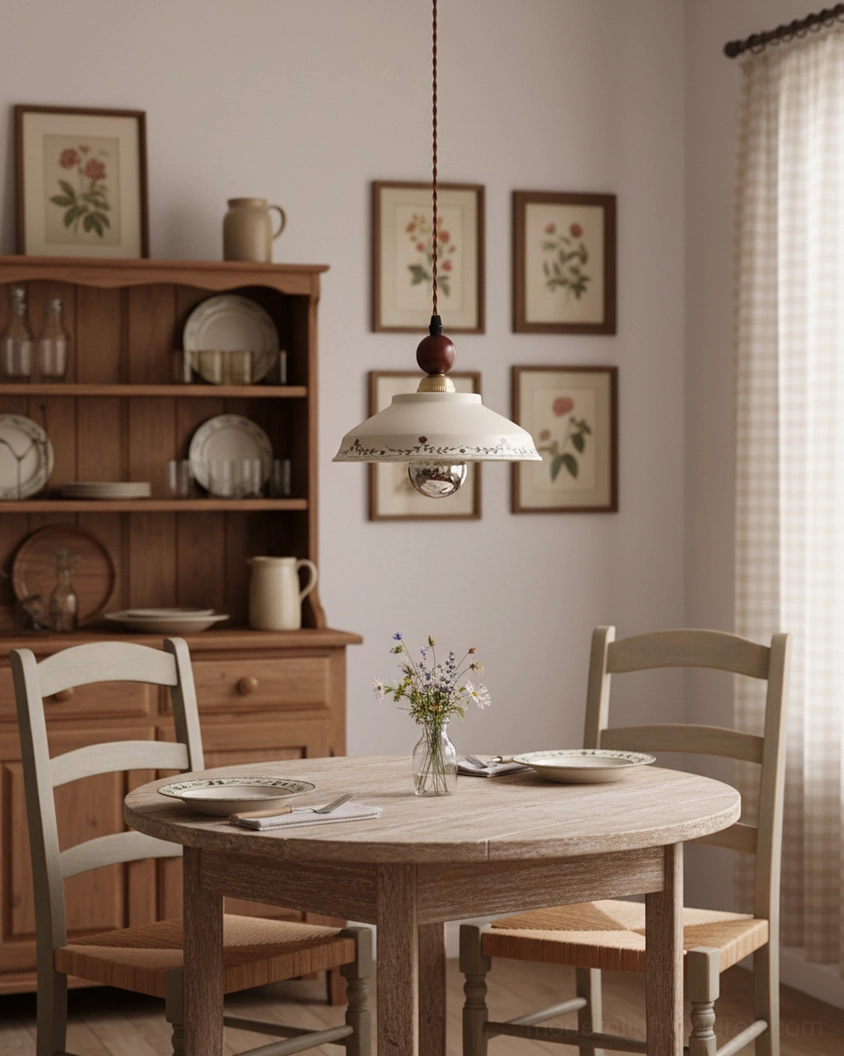 Virella ceramic pendant light suspended in traditional farmhouse dining room with wooden table and floral botanical design