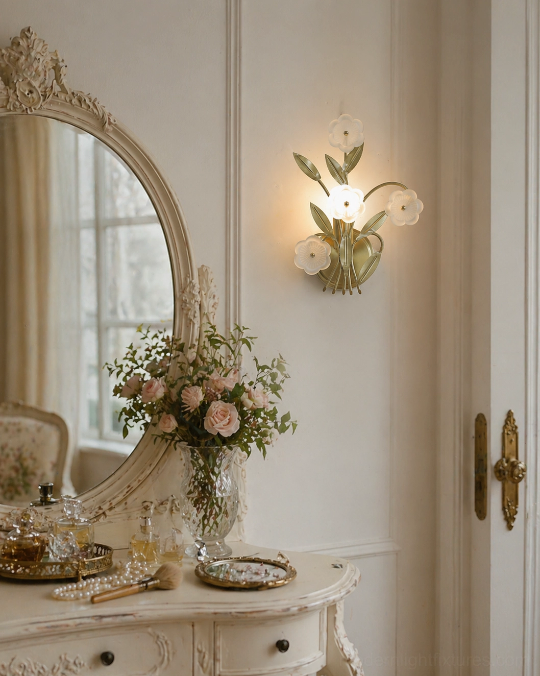 Virella botanical wall sconce in French dressing vanity room with ornate round mirror and floral decor