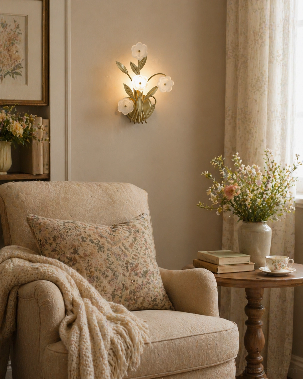 Virella wall sconce creating cozy ambiance in reading lounge with linen armchair, side table and warm lighting