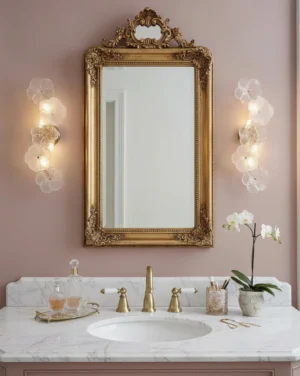 Paired Virelle wall sconces flanking ornate gold mirror in luxury French bathroom vanity, warm glowing flower-shaped fixtures