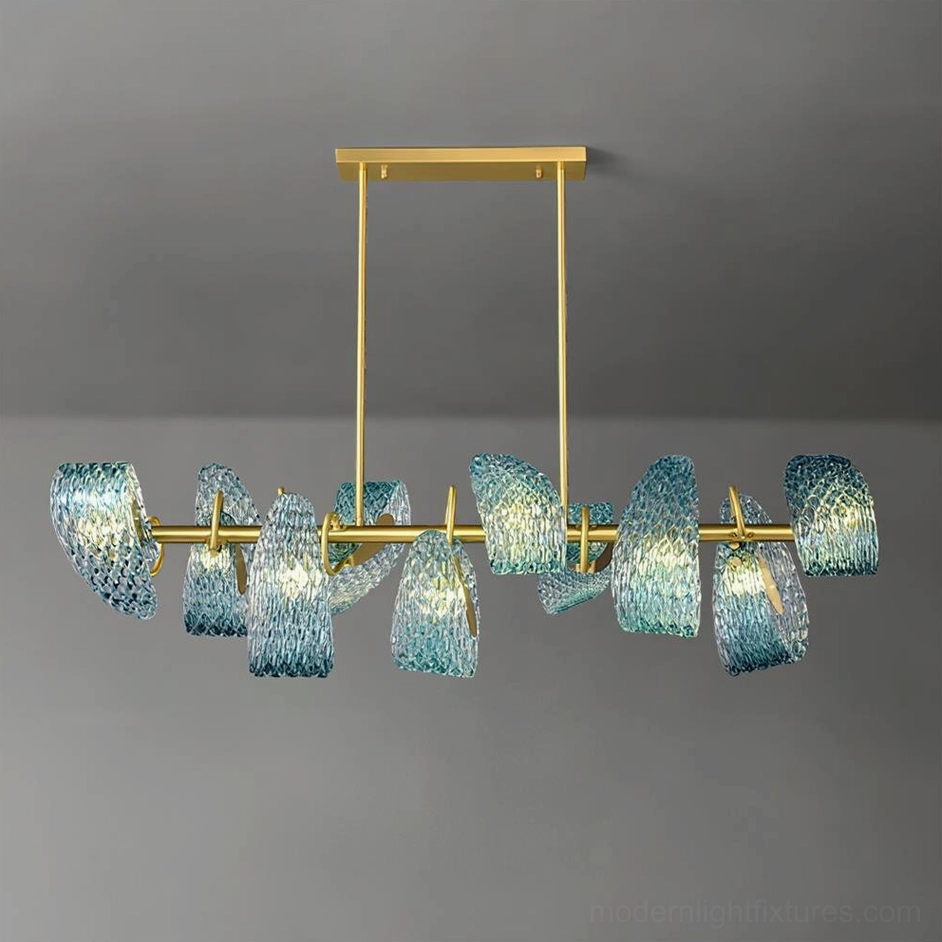 Virello 10-head linear glass chandelier with dense blue glass shade arrangement and brass gold frame, studio overhead lighting