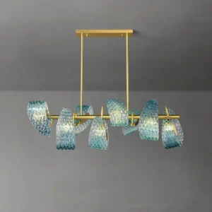 Virello 8-head linear chandelier with oceanic blue wavy glass shades and brass gold suspension hardware, front flat view