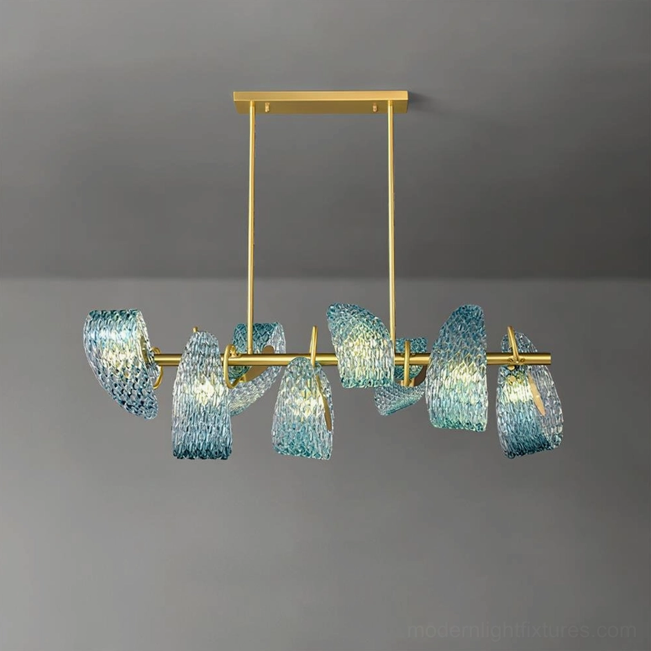 Virello 8-head linear chandelier with oceanic blue wavy glass shades and brass gold suspension hardware, front flat view