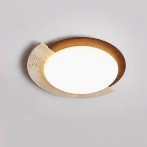 Modern asymmetrical LED ceiling light fixture with split travertine and walnut frame detail
