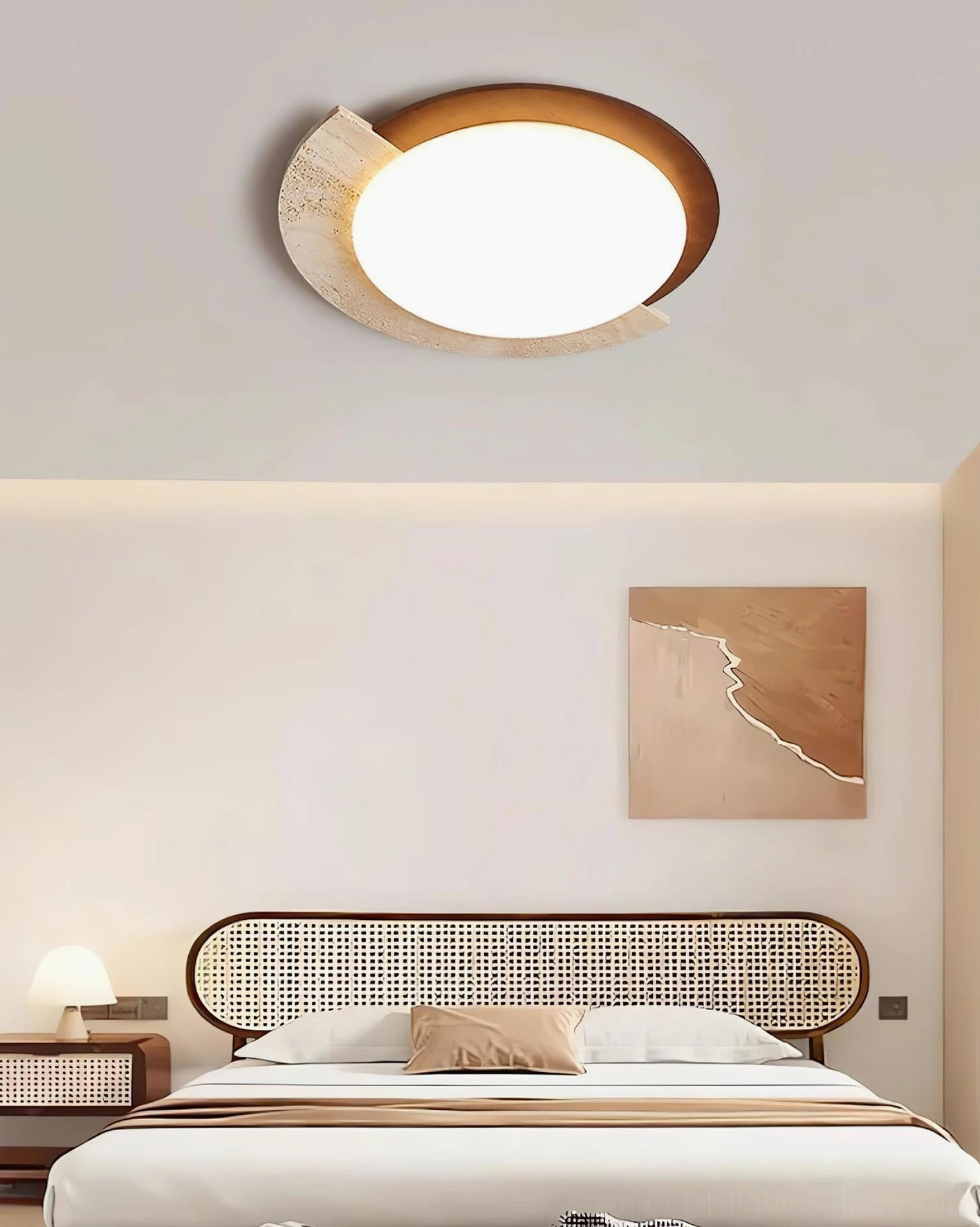 Virello ceiling lamp installed in modern wabi-sabi bedroom with warm wood decor