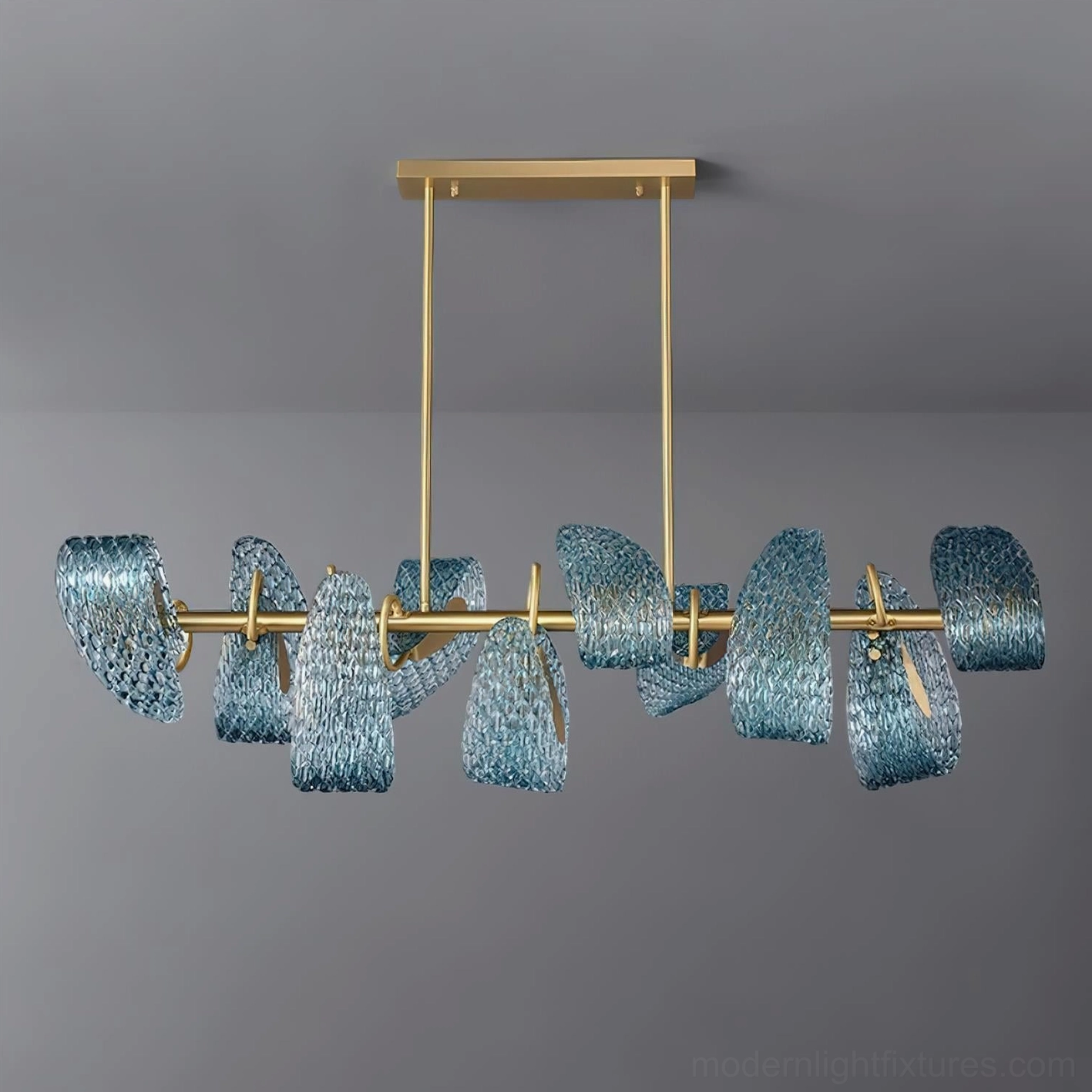 Virello contemporary linear chandelier full configuration view with multiple blue glass shades and gold suspension system