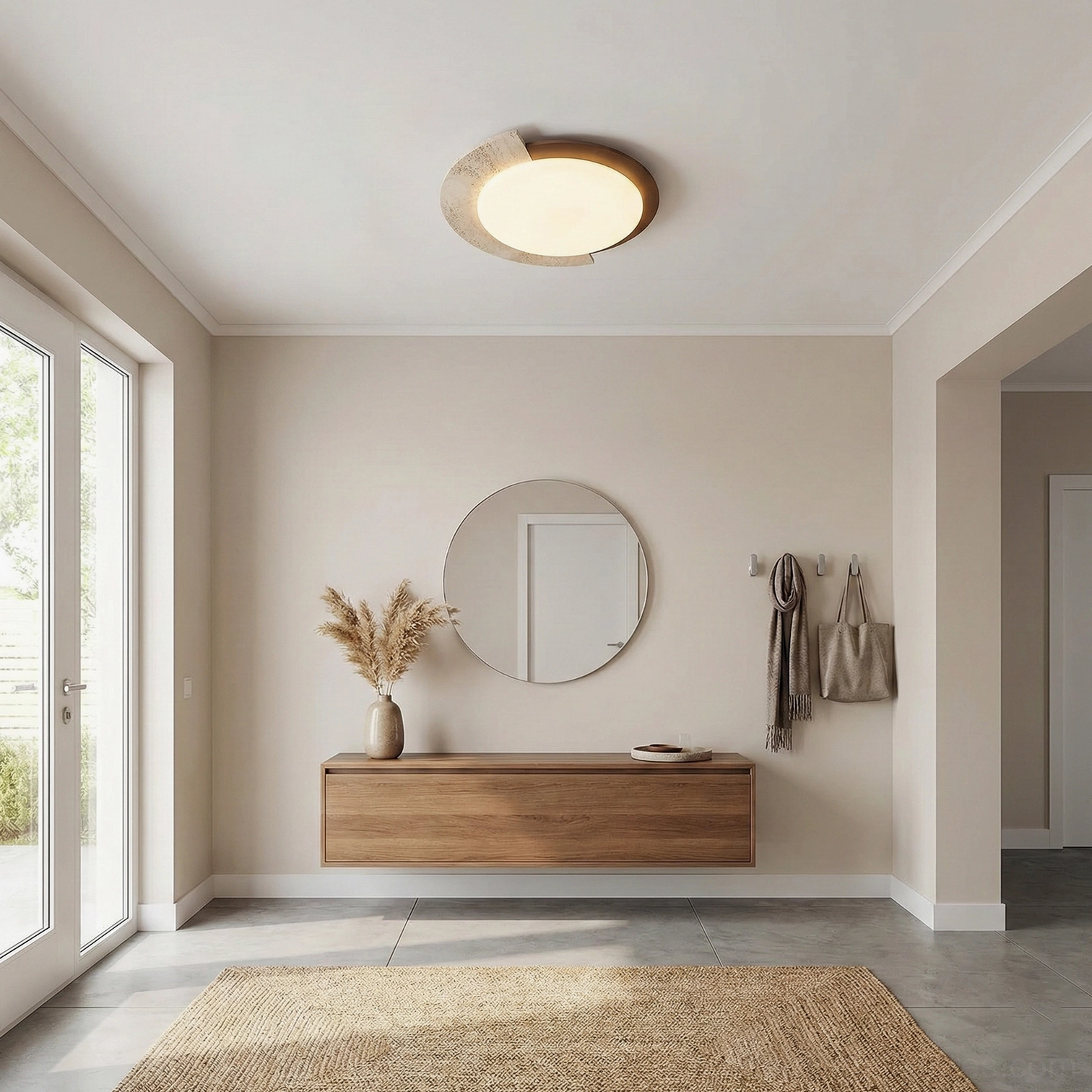 Asymmetrical LED ceiling lamp in minimalist entryway with wooden vanity and mirror