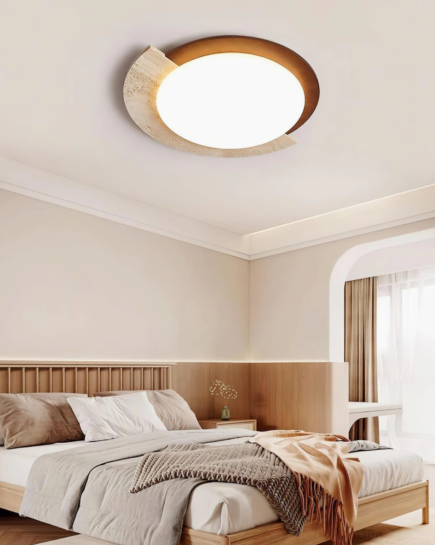 Contemporary asymmetrical ceiling lamp mounted in Japanese-inspired wooden bedroom