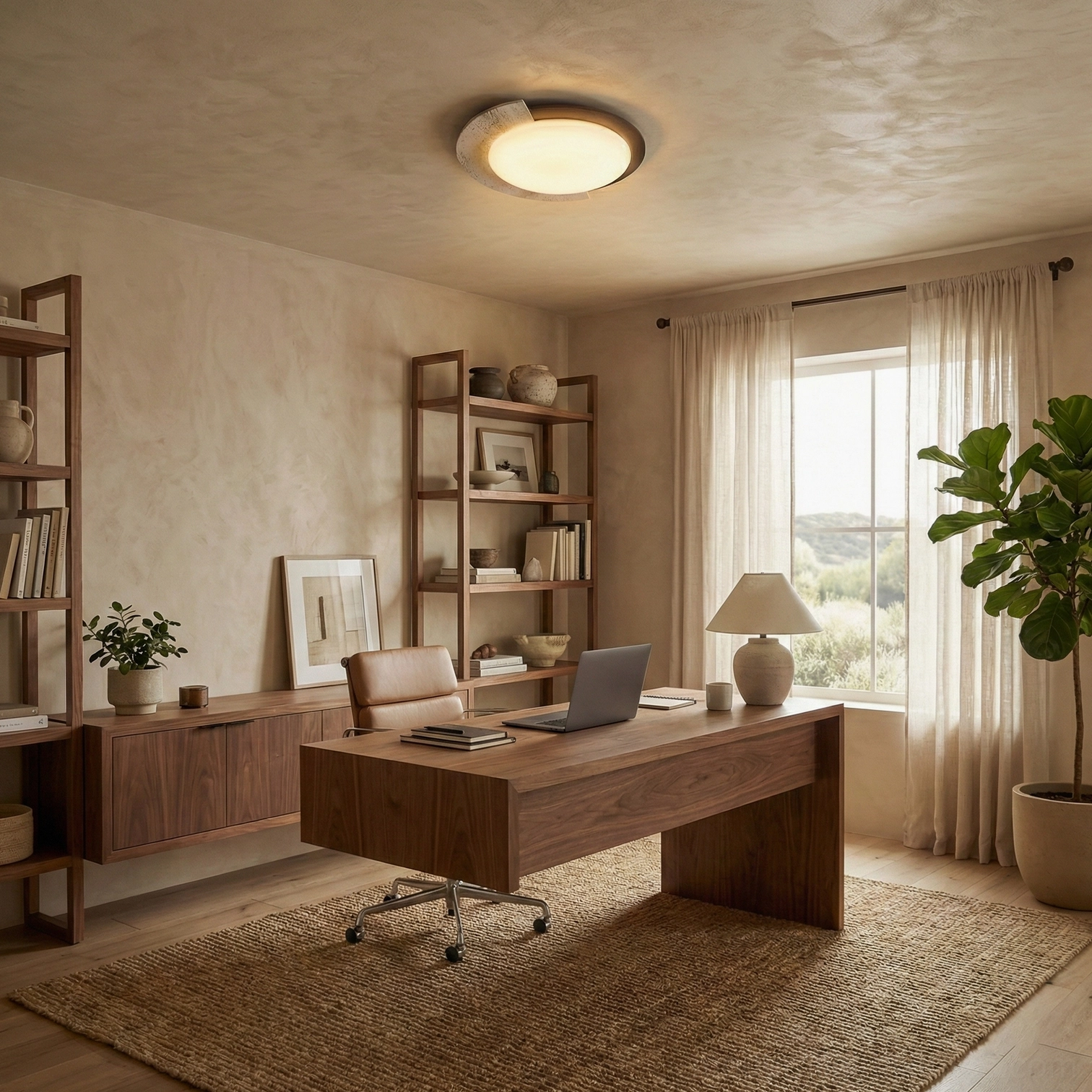 Modern travertine ceiling light fixture installed in warm-toned home office space