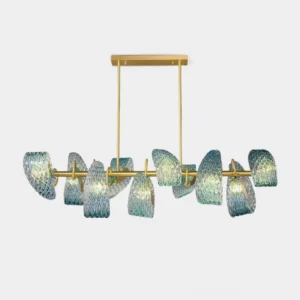 Virello modern linear glass chandelier with 8-10 blue textured glass shades and gold metal frame, overhead studio view