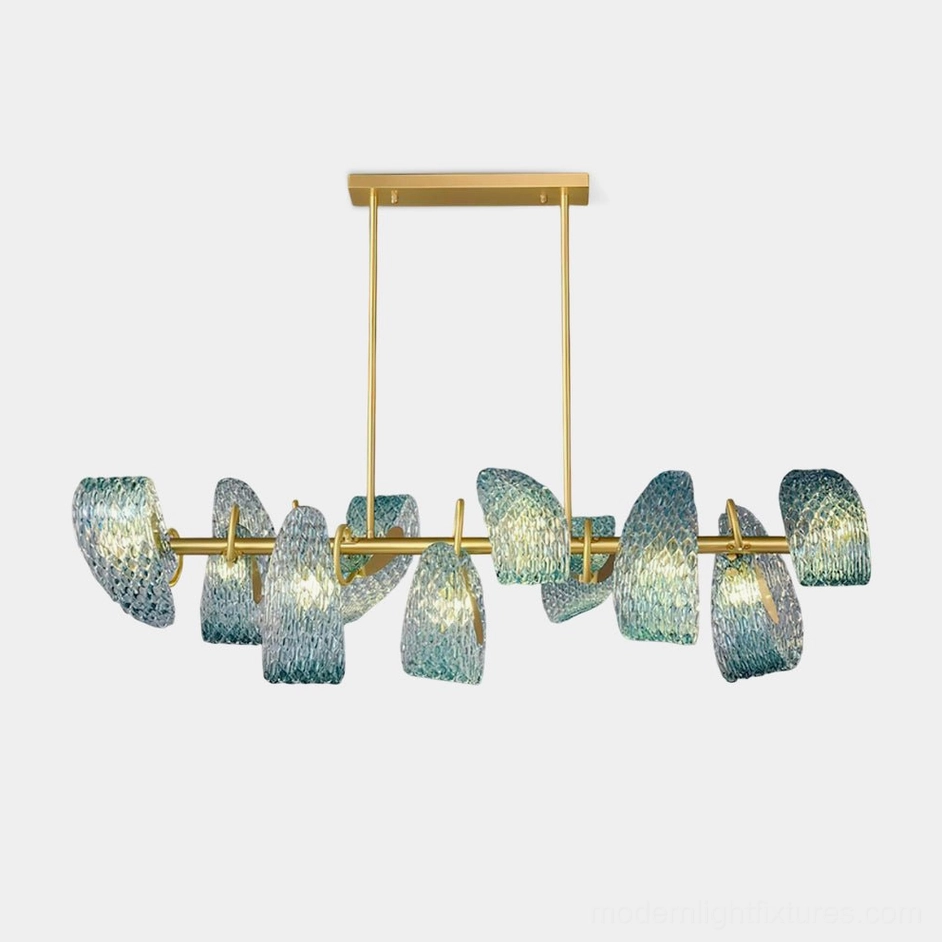 Virello modern linear glass chandelier with 8-10 blue textured glass shades and gold metal frame, overhead studio view