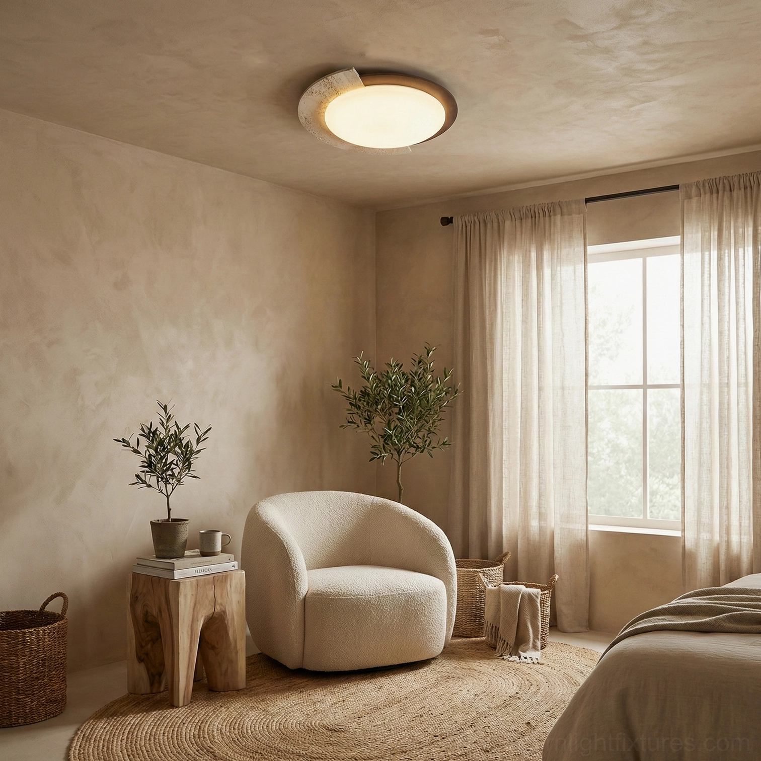 Contemporary ceiling lamp mounted in cozy neutral lounge with sheer curtains and plants
