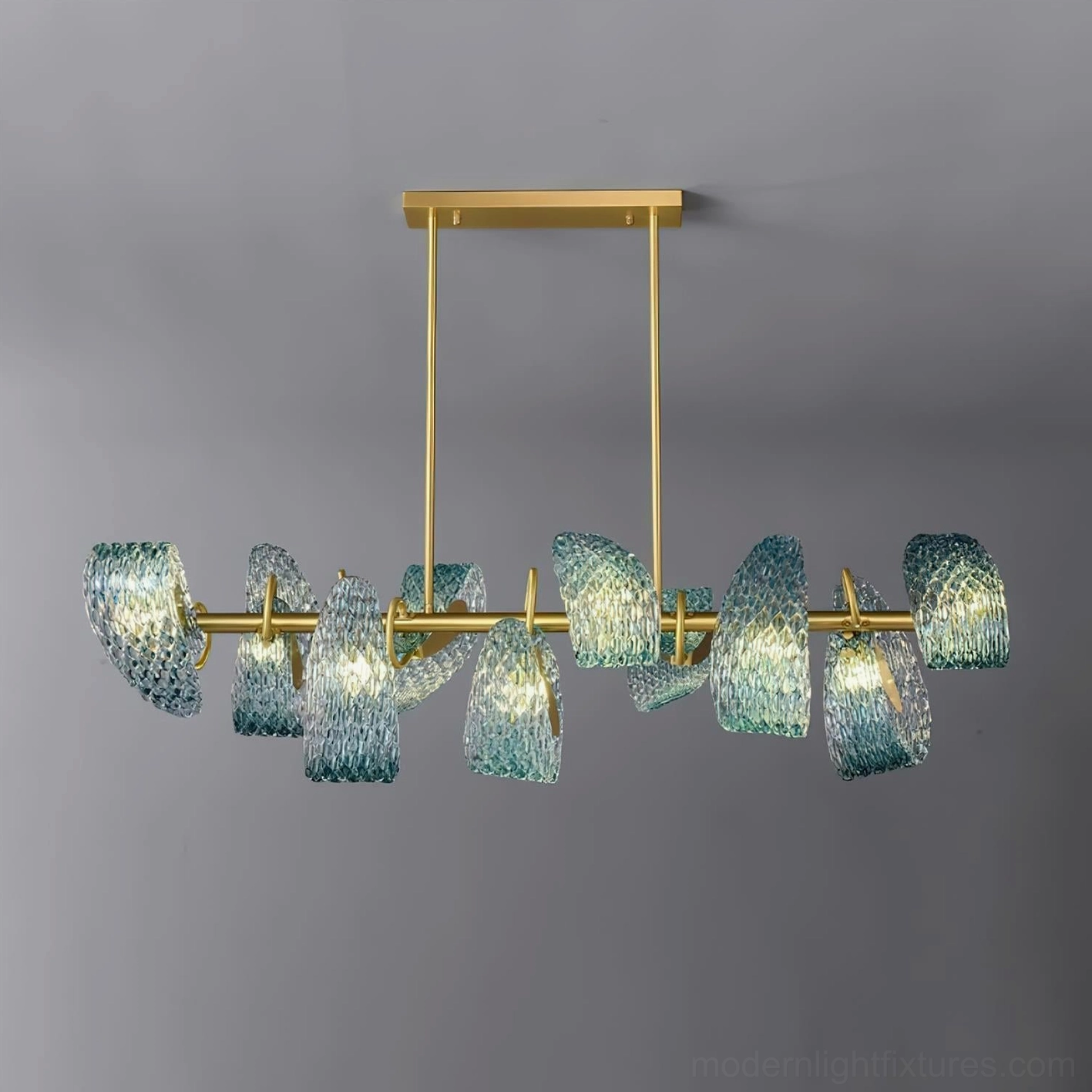 Virello luxury modern linear glass chandelier highlighting the interplay of light through wavy blue shades
