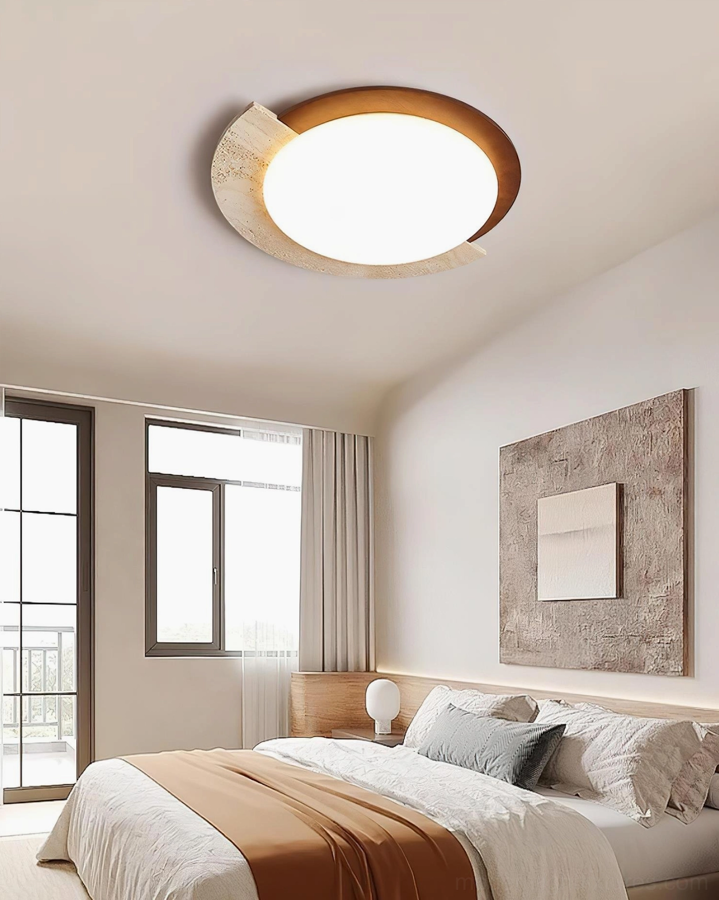 Virello ceiling lamp showing metal and travertine material combination overhead view