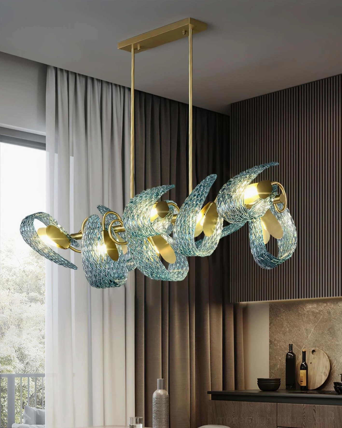 Virello luxury minimalist linear chandelier with brass gold frame and blue decorative glass shades, modern kitchen dining installation