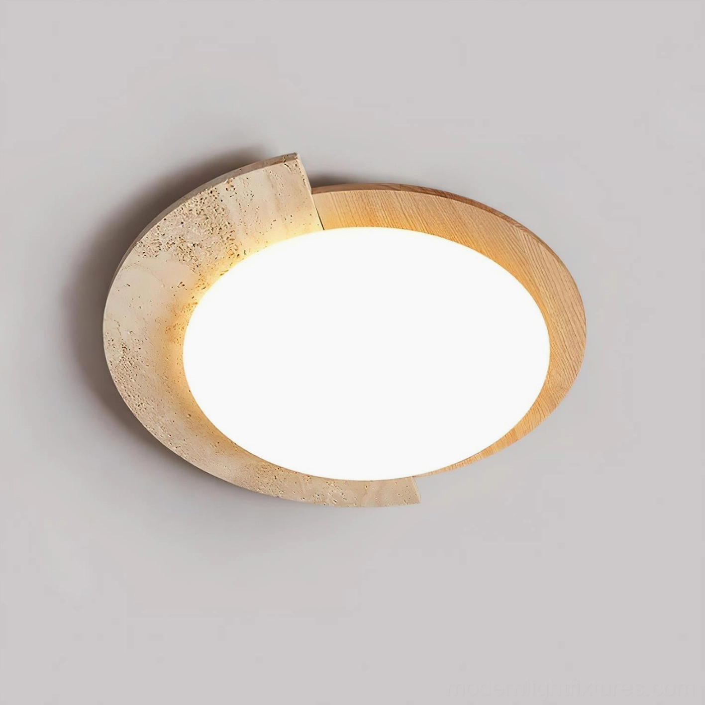 Virello ceiling light showing natural travertine surface holes and texture details