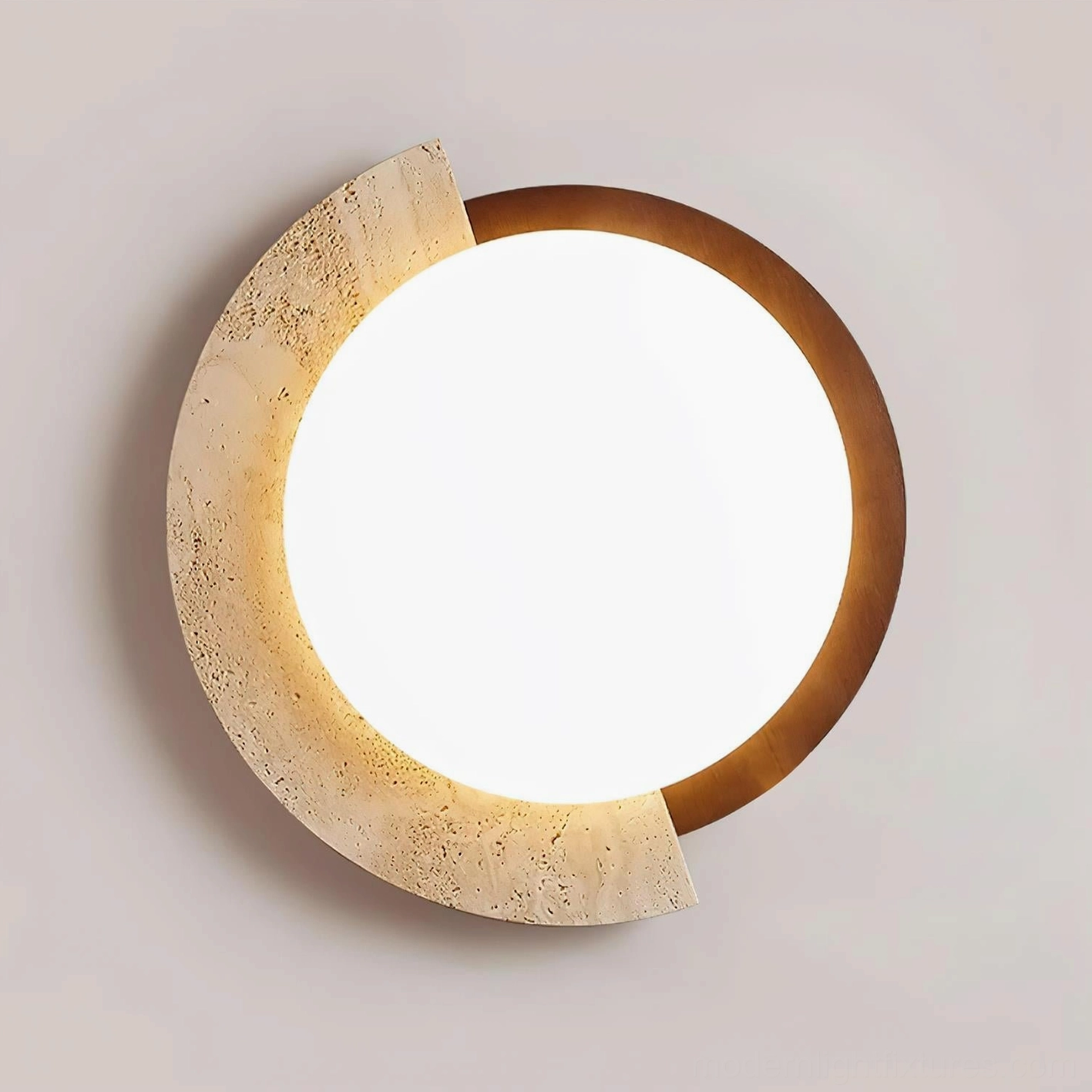 Split design ceiling lamp combining cool metal geometry with warm travertine stone