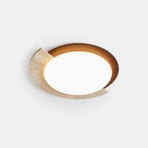 Virello asymmetrical ceiling lamp with travertine and wood frame, front overhead studio view