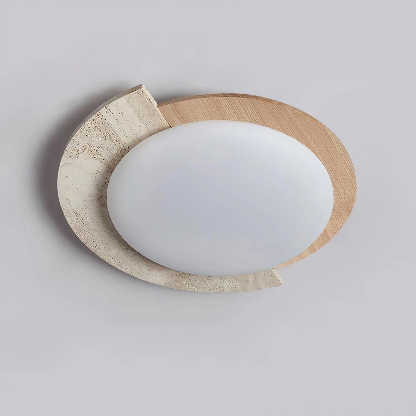 Asymmetrical ceiling lamp walnut color black wood frame travertine detail