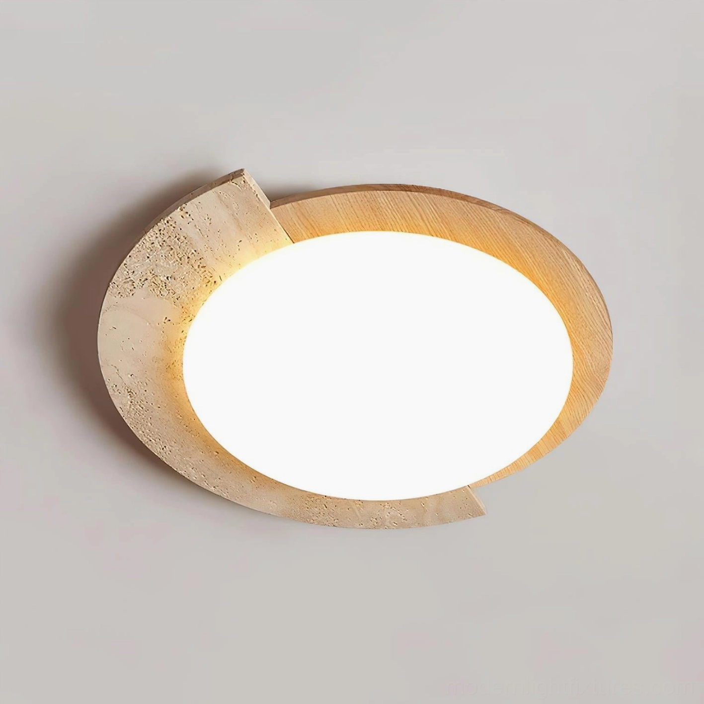 Contemporary ceiling light fixture with wood color and beige travertine combination