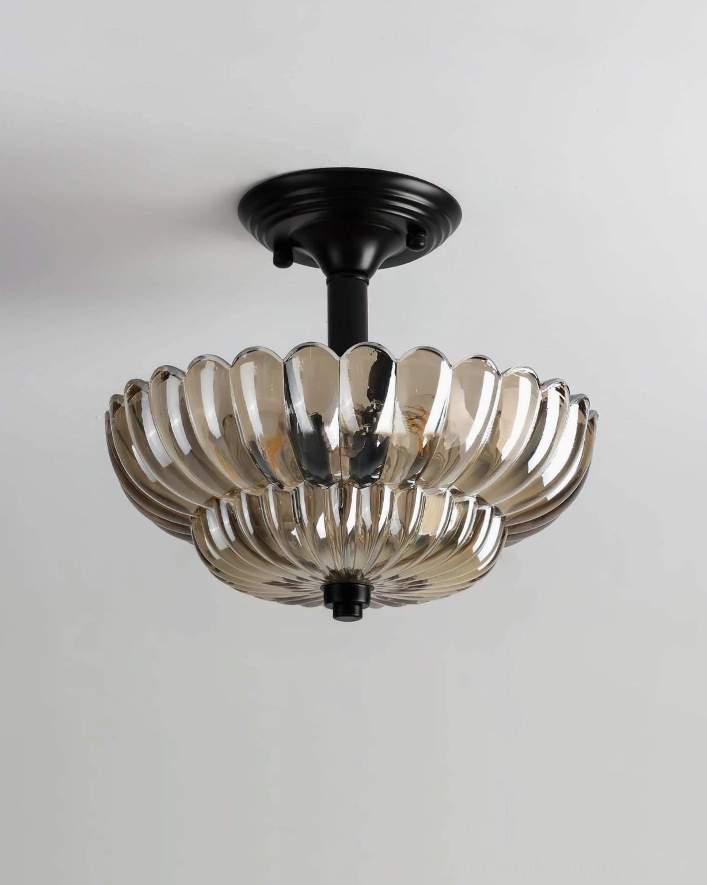 Virenza contemporary ceiling lamp fixture showing matte black canopy and scalloped glass shade detail, architectural lighting design