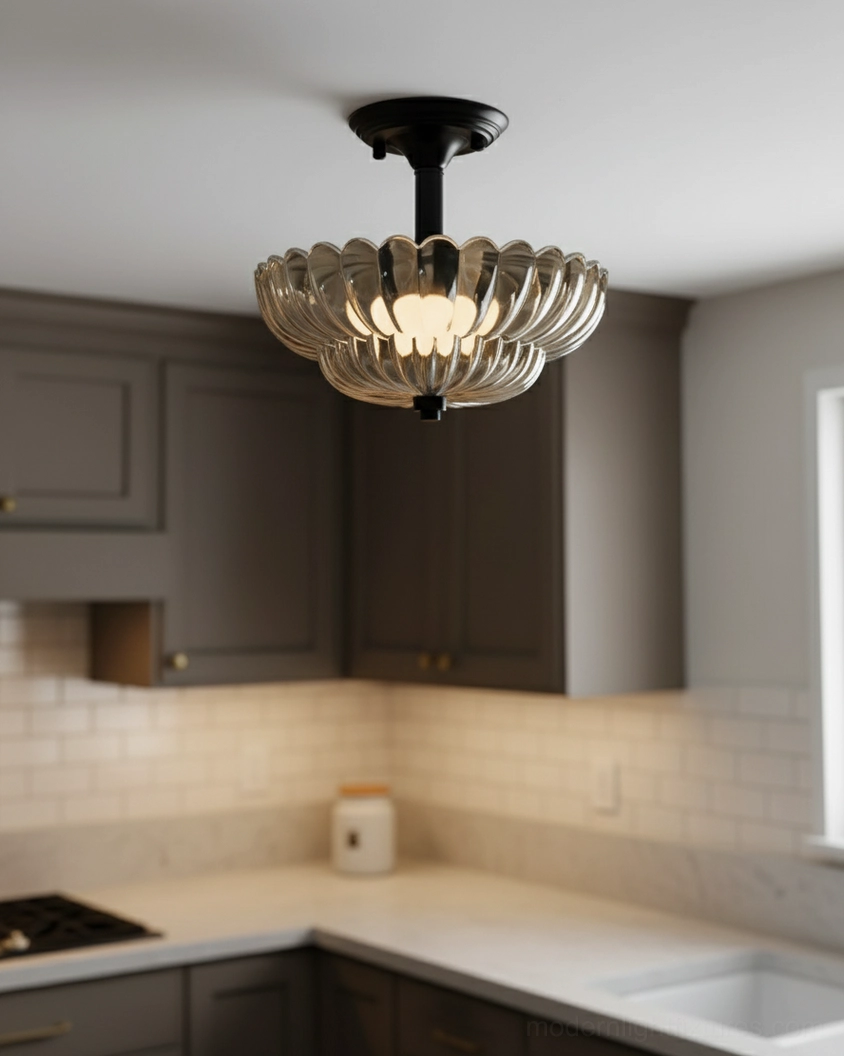 Virenza semi-flush ceiling lamp mounted in dark gray modern kitchen above countertop, contemporary kitchen lighting solution