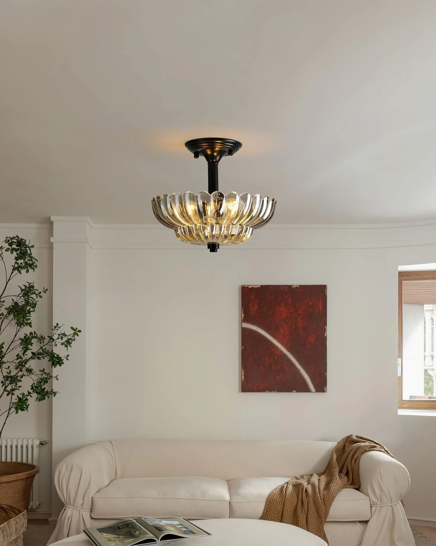 Virenza semi-flush ceiling light fixture installed in modern living room interior, mounted on residential ceiling with contemporary decor