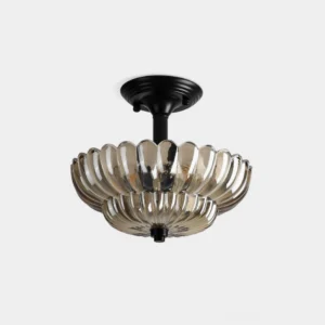 Virenza petal glass semi-flush ceiling light fixture with scalloped amber shade and matte black metal canopy, front view against white background