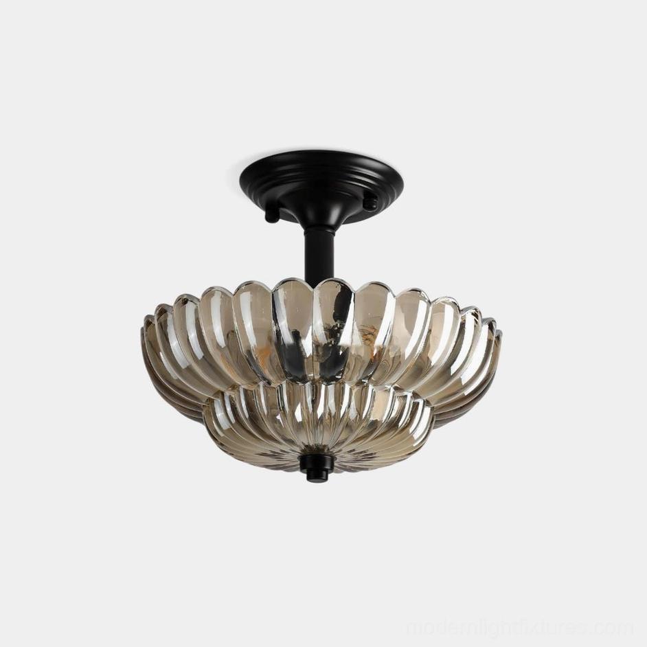 Virenza petal glass semi-flush ceiling light fixture with scalloped amber shade and matte black metal canopy, front view against white background