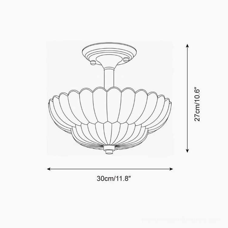 Virenza petal ceiling light technical line drawing showing orthographic profile with dimension measurements and scalloped shade design