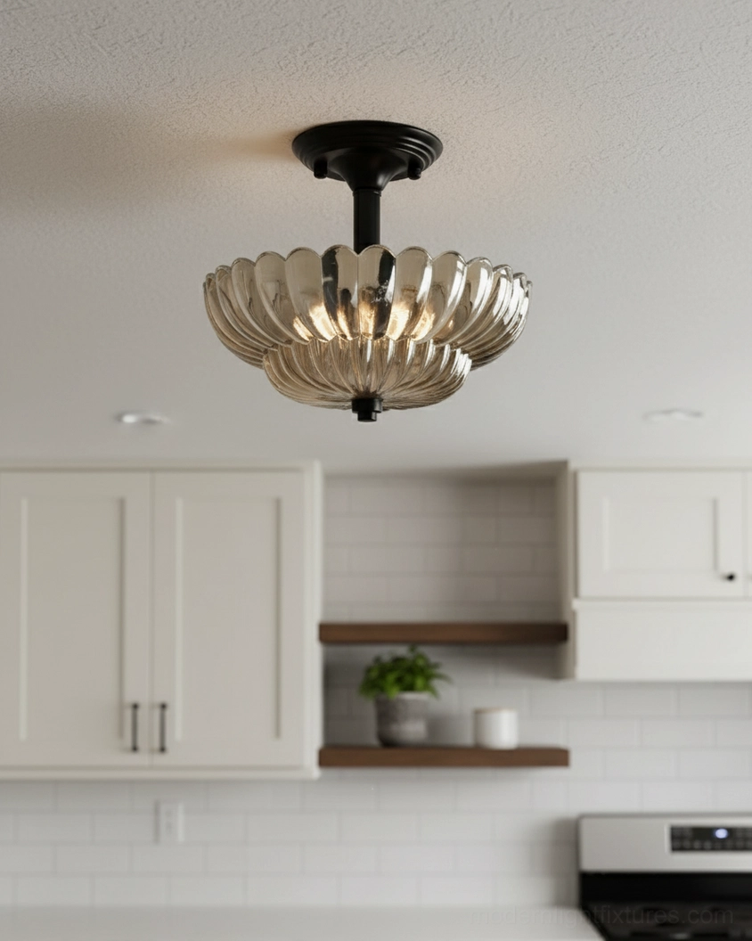 Virenza petal glass ceiling light fixture installed in white minimalist kitchen, semi-flush mount with contemporary aesthetic