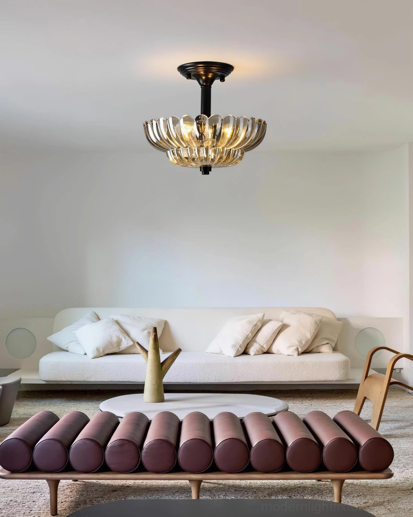 Virenza contemporary ceiling light fixture in cozy modern home living space, installed overhead with ambient lighting effect