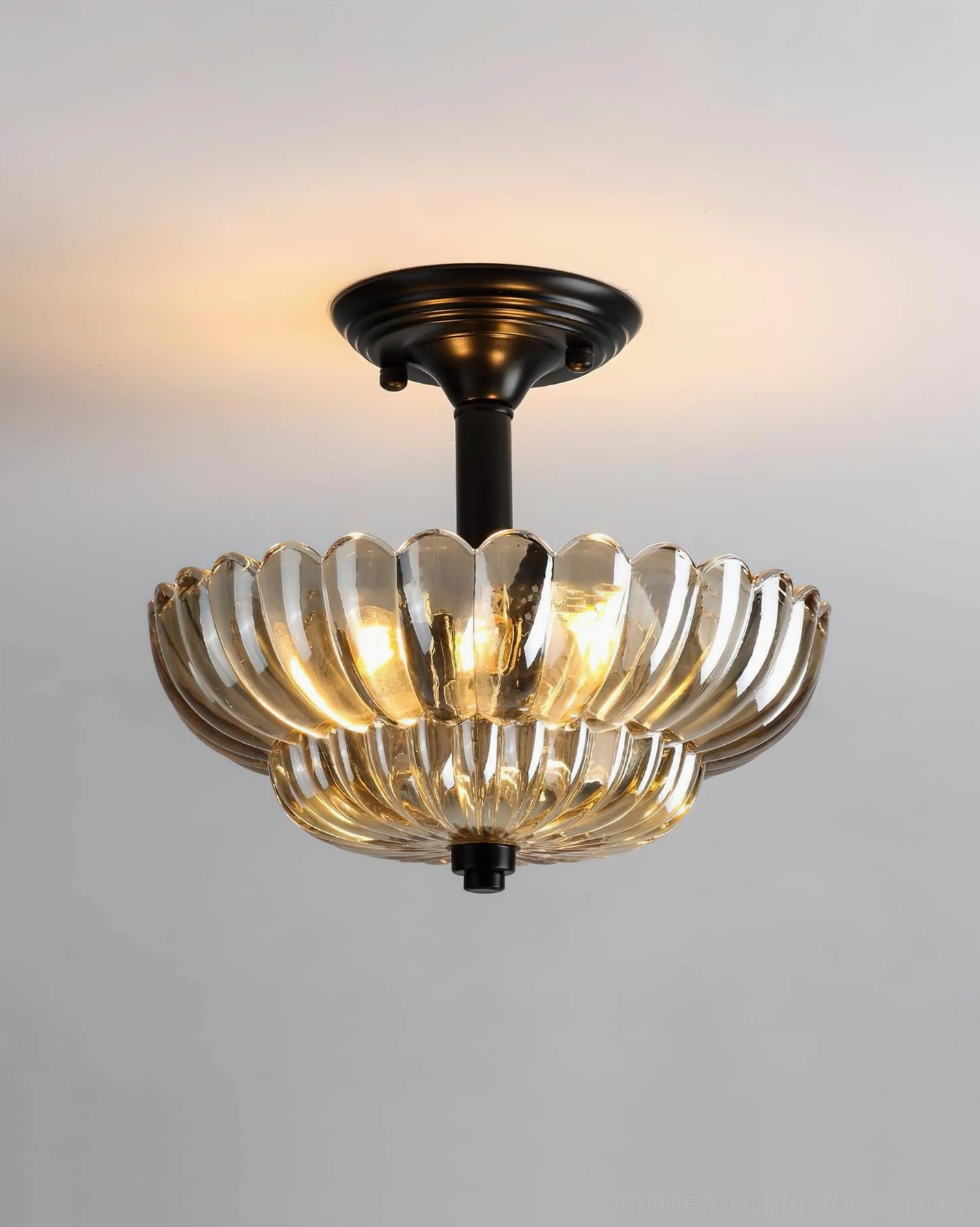 Virenza semi-flush ceiling light fixture in residential interior, architectural petal design creating sculptural ambient lighting