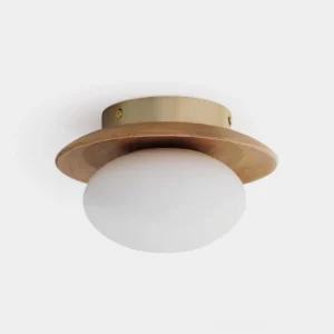 Vireo modern brass wood flush mount ceiling light fixture with frosted glass globe - front view