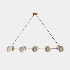 Vireo modern linear chandelier with triangular brass frame and opal glass shades frontal view