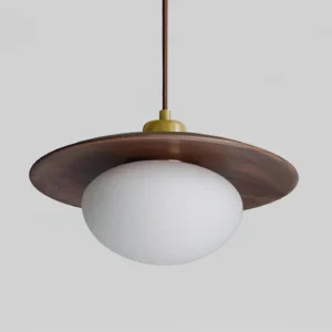 Vireo walnut wood modern pendant light with frosted glass shade and brass fixture, detailed view