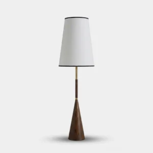 Viresto mid-century modern floor lamp with tapered linen shade and walnut ash wood base, front studio view