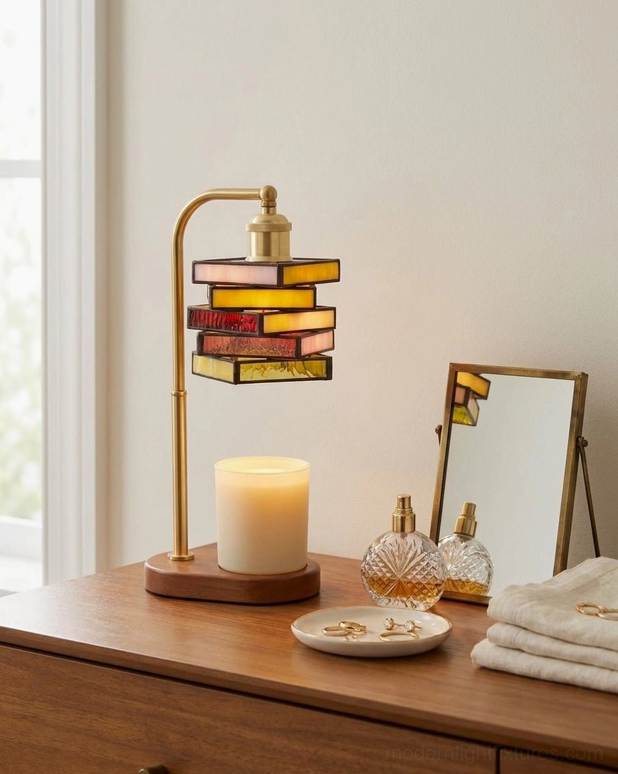 Candle warmer lamp on bedroom vanity desk with mirror, skincare products and scented candle, minimalist warm bedroom decor style