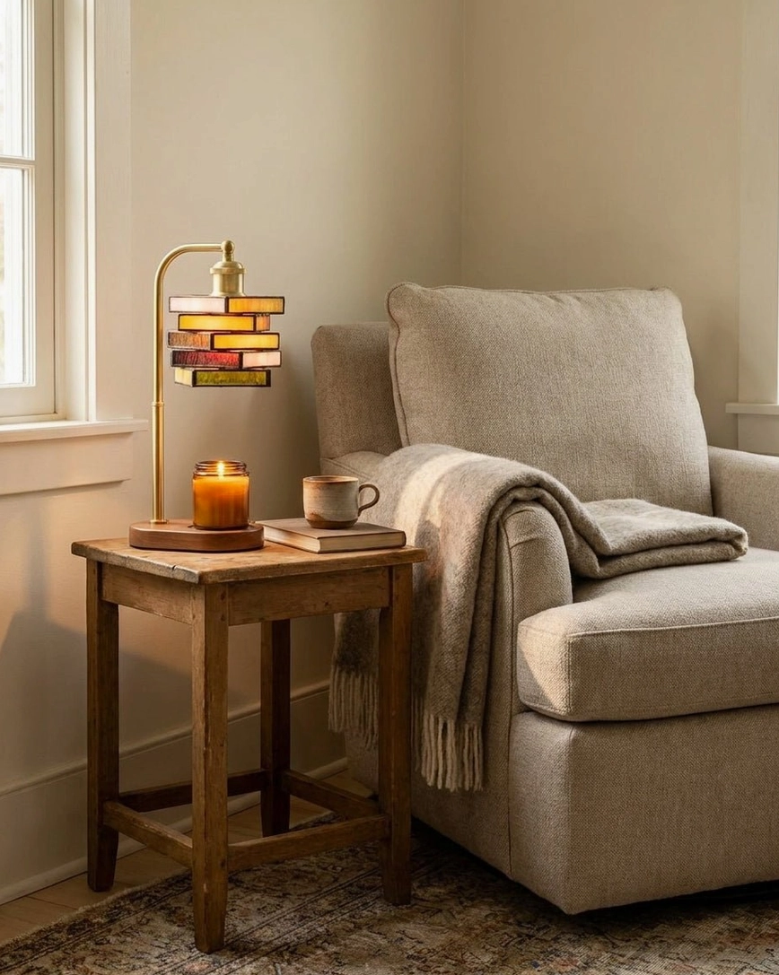 Stained glass candle warmer on wooden side table in cozy residential living room with lit candle and coffee mug, relaxed ambiance