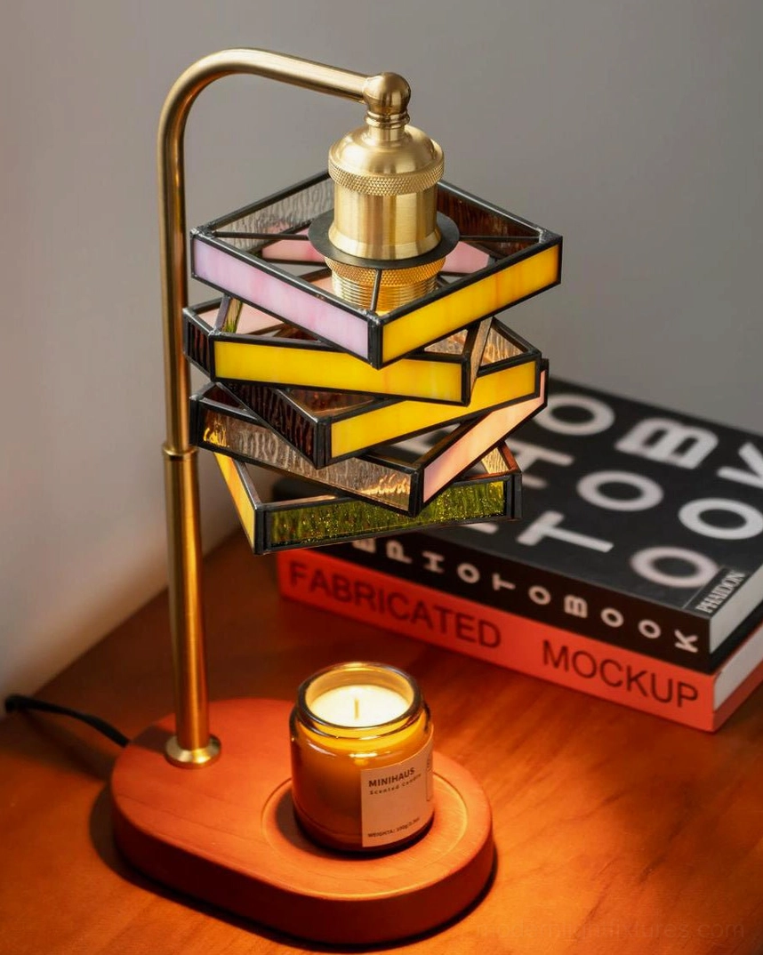 Candle warmer lamp fully assembled showing overall proportions with jar candle on walnut base, stained glass shade and brass iron frame
