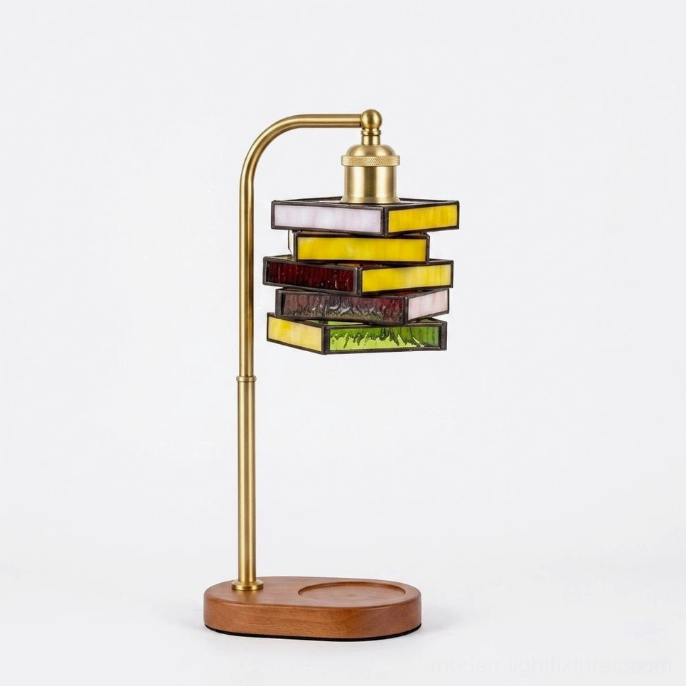 Vitrail stained glass candle warmer lamp in gold brass finish with walnut base and multicolor leaded glass shade, product shot with specifications