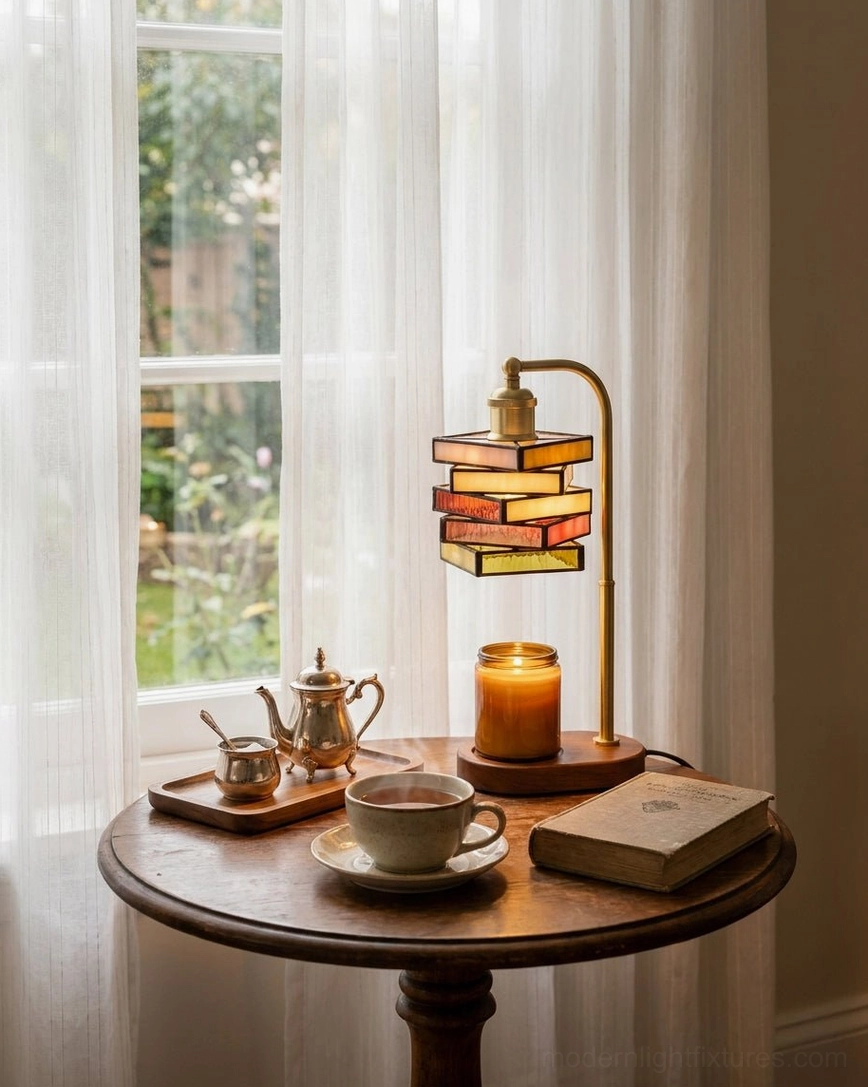 Stained glass book-stack candle warmer on bay window round side table with bright natural light, tea service and lit candle among books