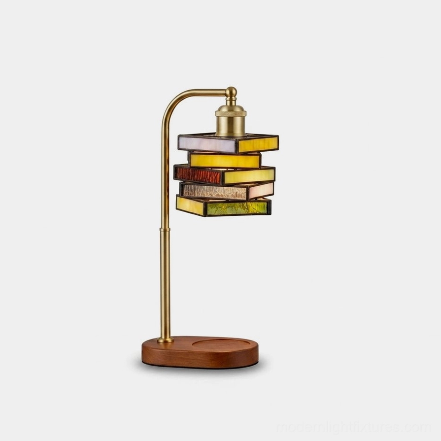 Vitrail stained glass candle warmer lamp with leaded book-stack shade in pink, amber, red and green, brass iron frame, and walnut wooden base, front studio view