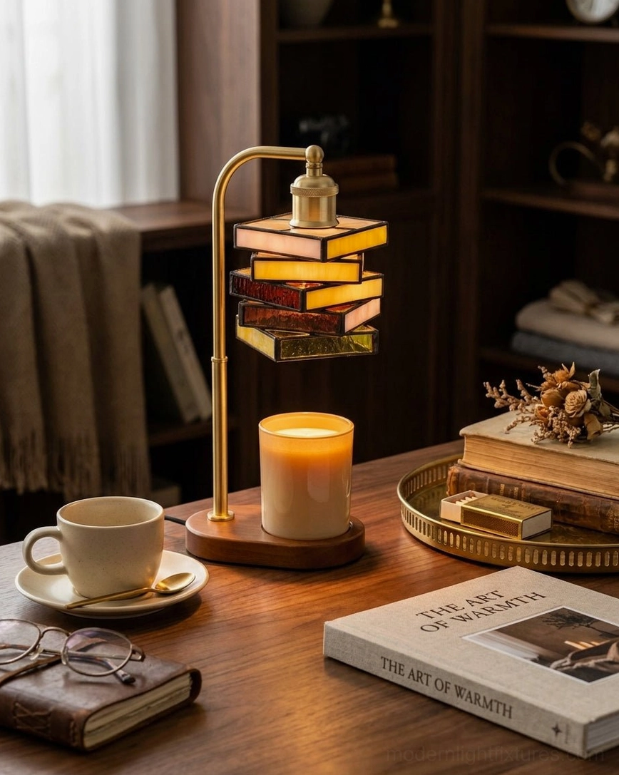 Vitrail stained glass candle warmer lamp with leaded book-stack shade detail showing pink, amber, red and green glass panels, architectural design