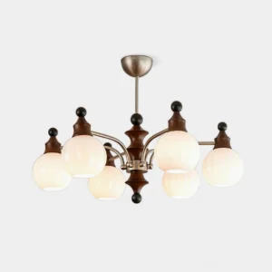 Viva 8-head round chandelier with frosted glass globes and brushed nickel accents, overhead studio view showing mid-century modern design