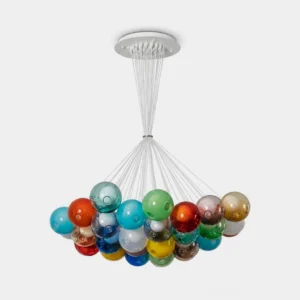 Vivelle multicolor glass bubble cluster chandelier top-down flat lay view showing all 50 glass orbs in white suspension configuration against neutral background