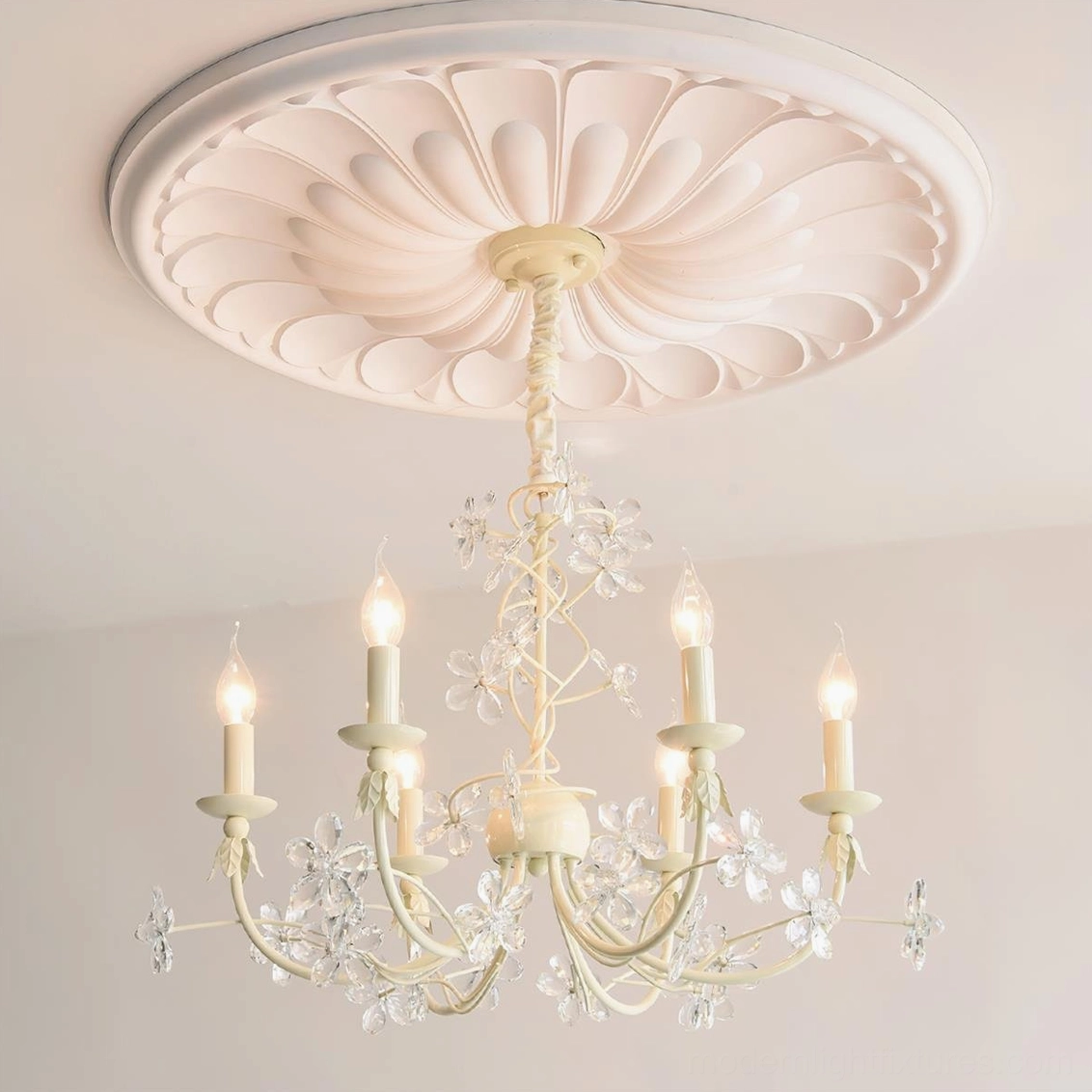 Vivette 6-head floral crystal chandelier in beige and clear finish mounted in residential bedroom